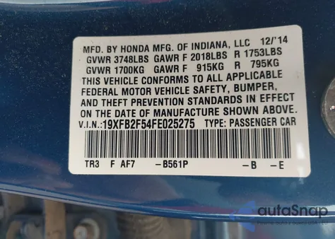 2015 Honda Civic Lx from USA, damaged, VIN 19XFB2F54FE025275